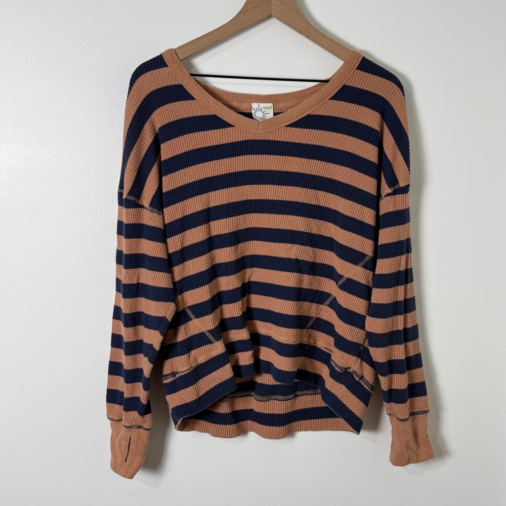 Offline by Aerie Waffle Knit Top Womens Medium Tan Navy Striped Oversized Lounge